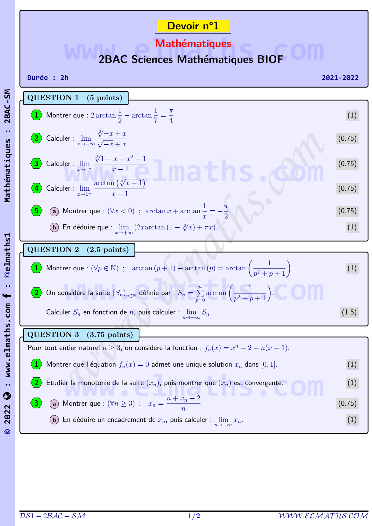 Devoir Surveillé N°1 De Mathématiques, 2Bac-SM-modèle 2 - Elmaths