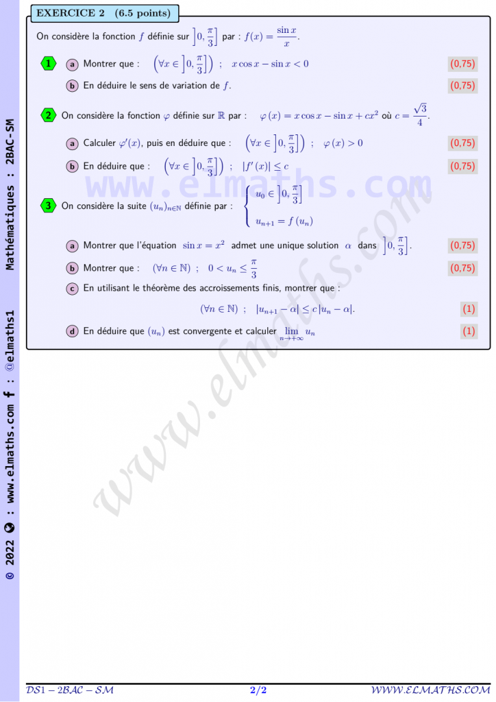 Devoir Surveillé N°2 De Mathématiques, 2Bac-SM-modèle 2 - Elmaths